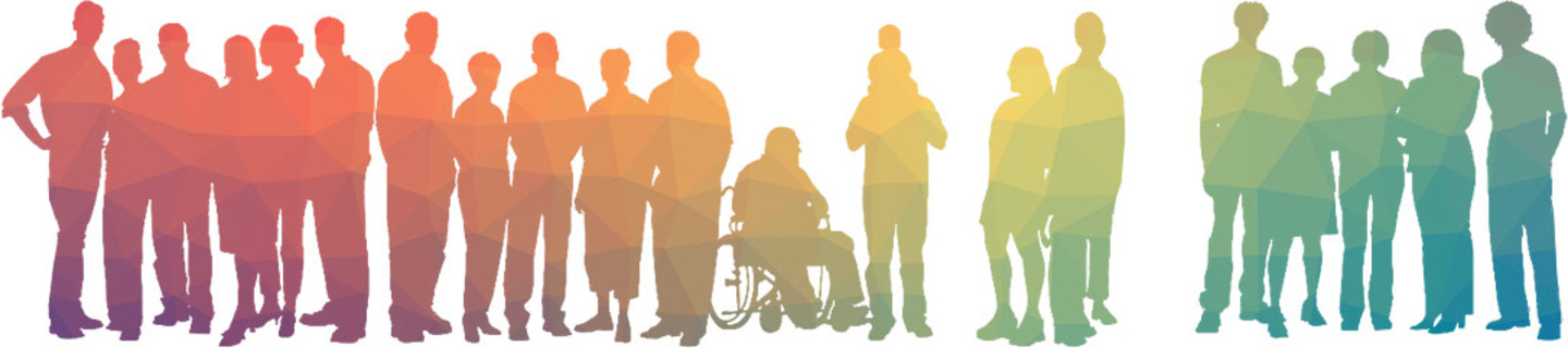 Illustration "Bunte Menschengruppe mit RollstuhlfahrerIn"